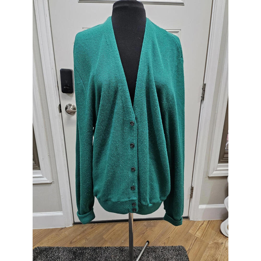 VINTAGE 80's Jantzen Cardigan Men M Large Green Long Sleeve Grandpa Sweater Knit